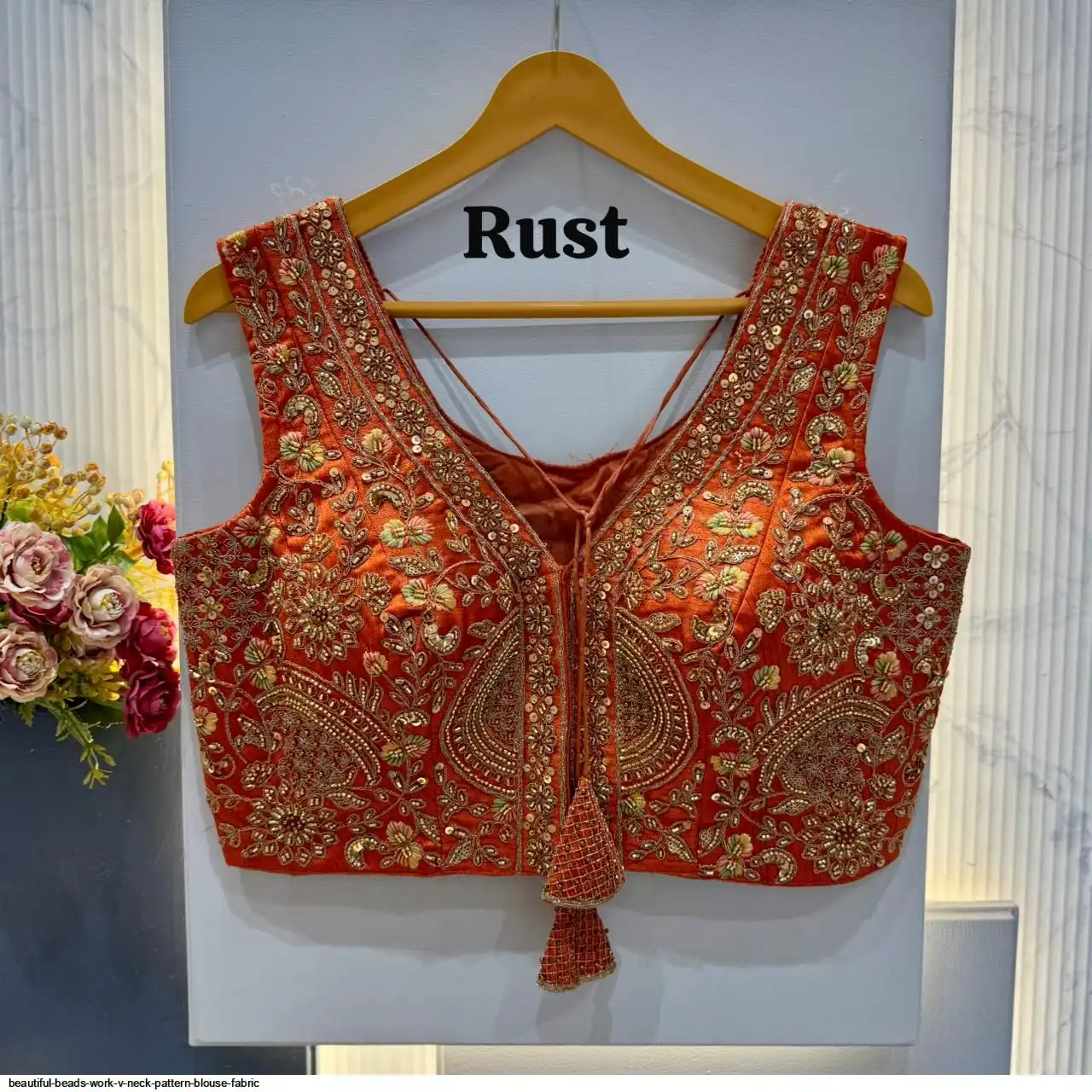 BEAUTIFUL BEADS WORK V NECK PATTERN BLOUSE FABRIC 9