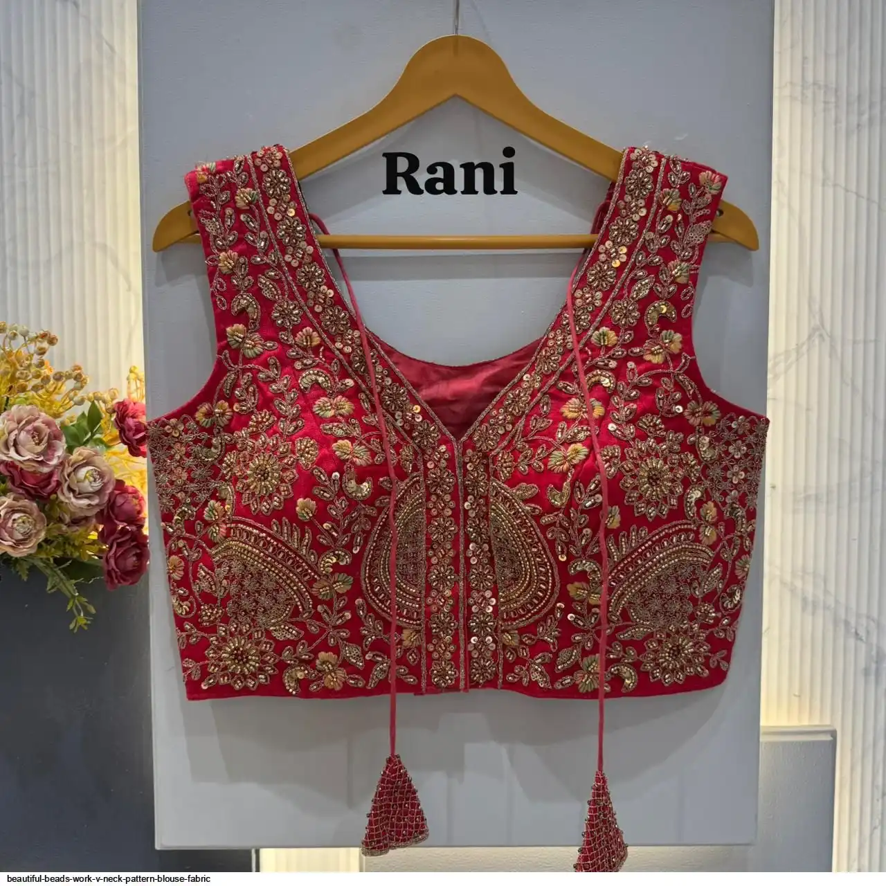 BEAUTIFUL BEADS WORK V NECK PATTERN BLOUSE FABRIC 11