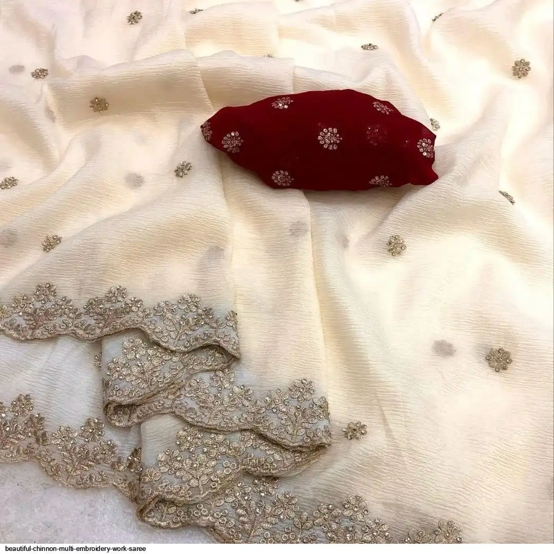 BEAUTIFUL CHINNON MULTI EMBROIDERY WORK SAREE