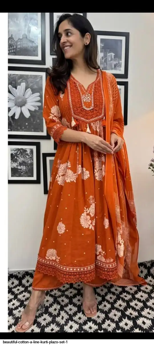 Cotton Plazo Kurti Dupatta Beautiful Cotton A-line KURTI PLAZO SET