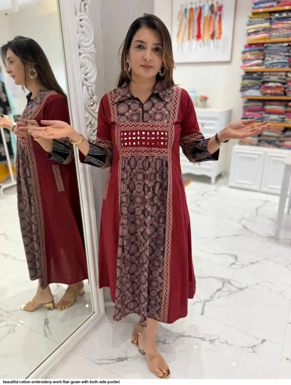 BEAUTIFUL COTTON EMBROIDERY WORK FLAIR GOWN WITH BOTH SIDE POCKET B