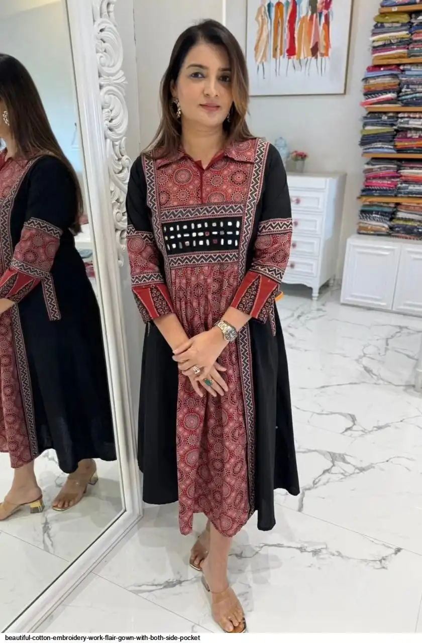 BEAUTIFUL COTTON EMBROIDERY WORK FLAIR GOWN WITH BOTH SIDE POCKET A
