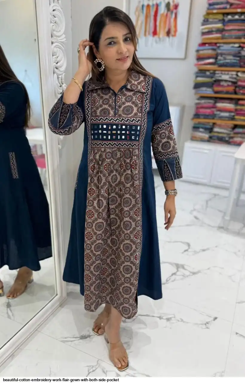 BEAUTIFUL COTTON EMBROIDERY WORK FLAIR GOWN WITH BOTH SIDE POCKET D