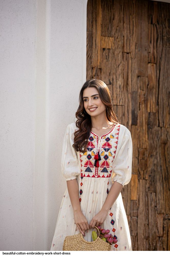 BEAUTIFUL COTTON Embroidery WORK SHORT DRESS