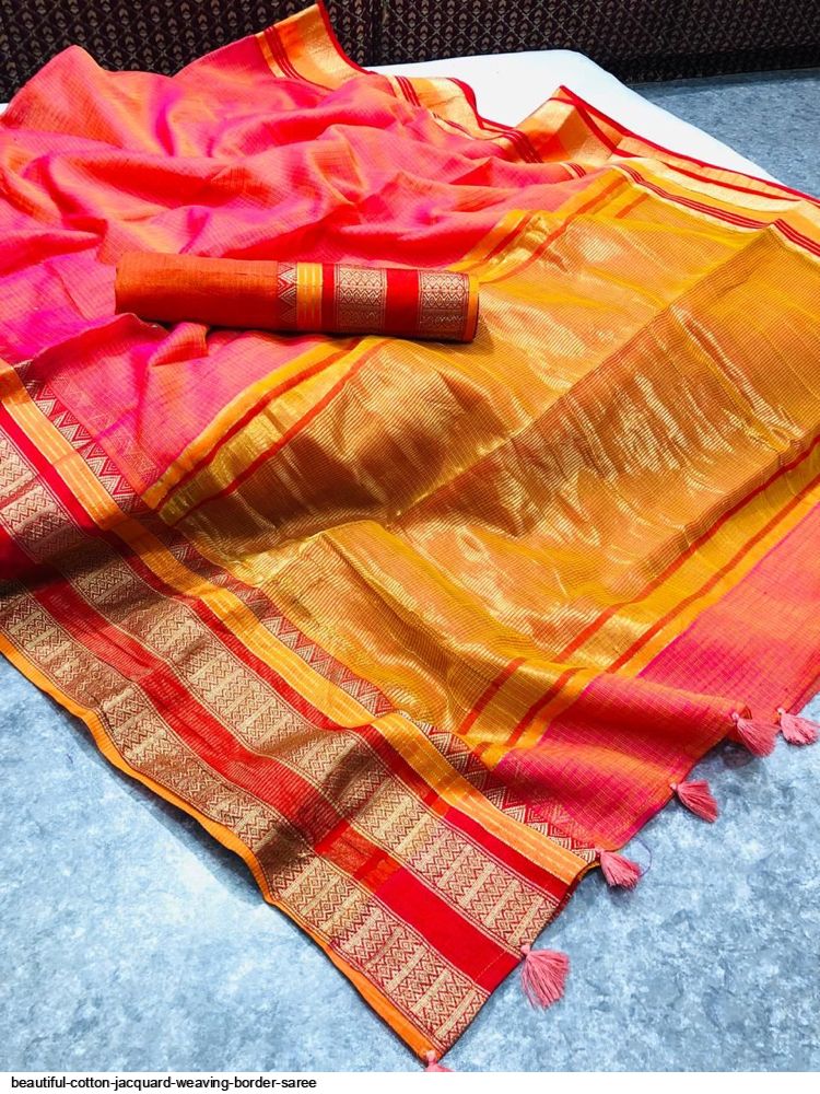 Bridal Soft Silk Saree with Jacquard Weaving & Contrast Border for Women