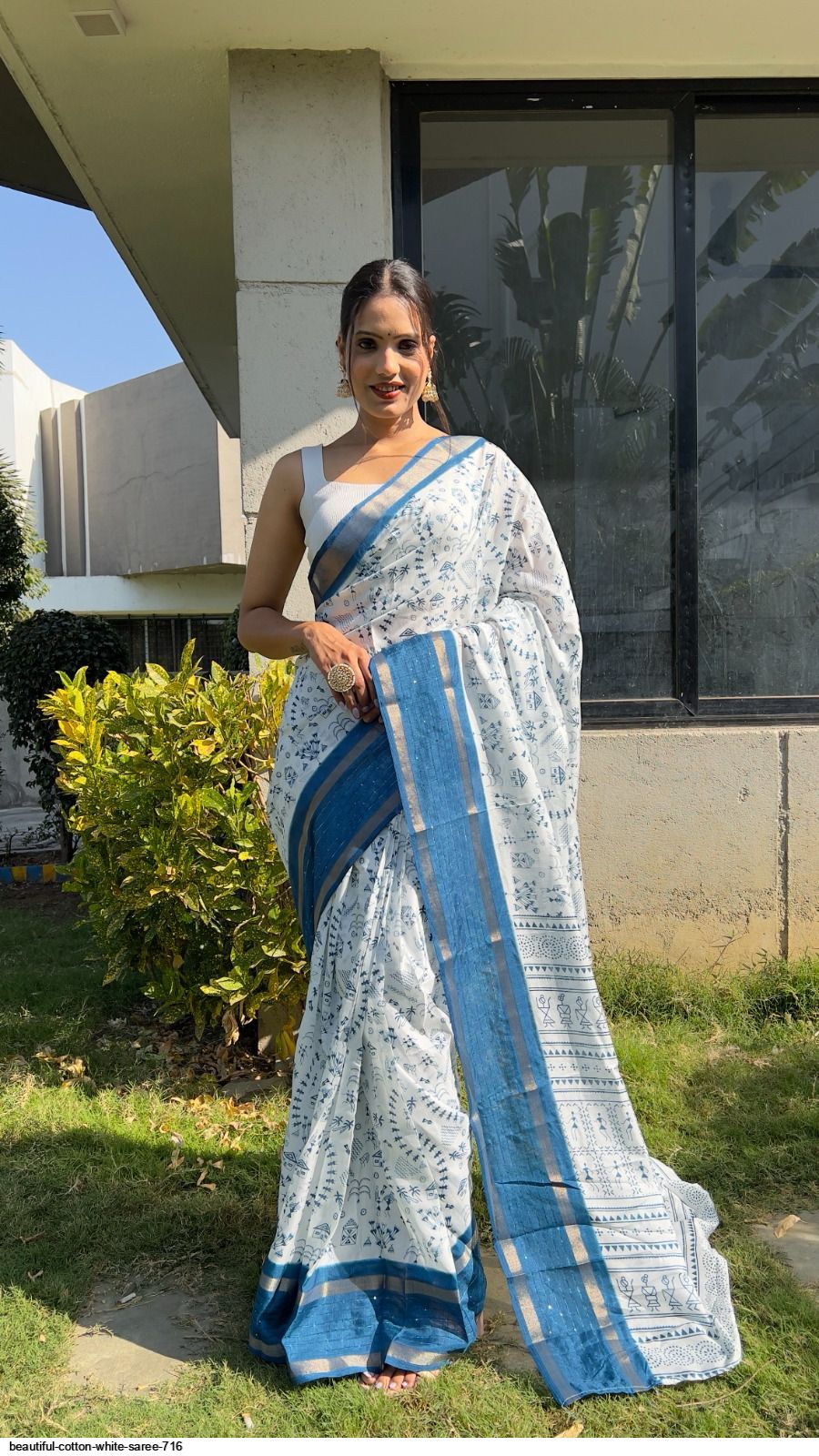 White Saree with Printed Linen - SR23422