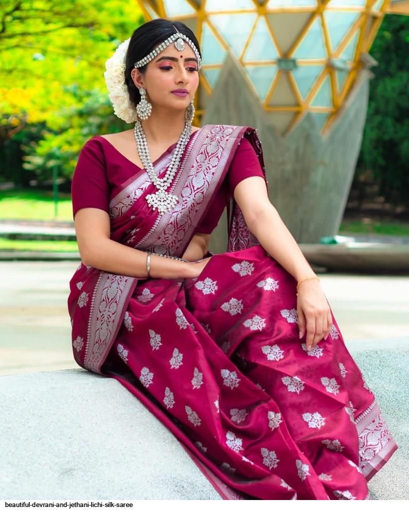 BEAUTIFUL DEVRANI AND JETHANI LICHI SILK SAREE A