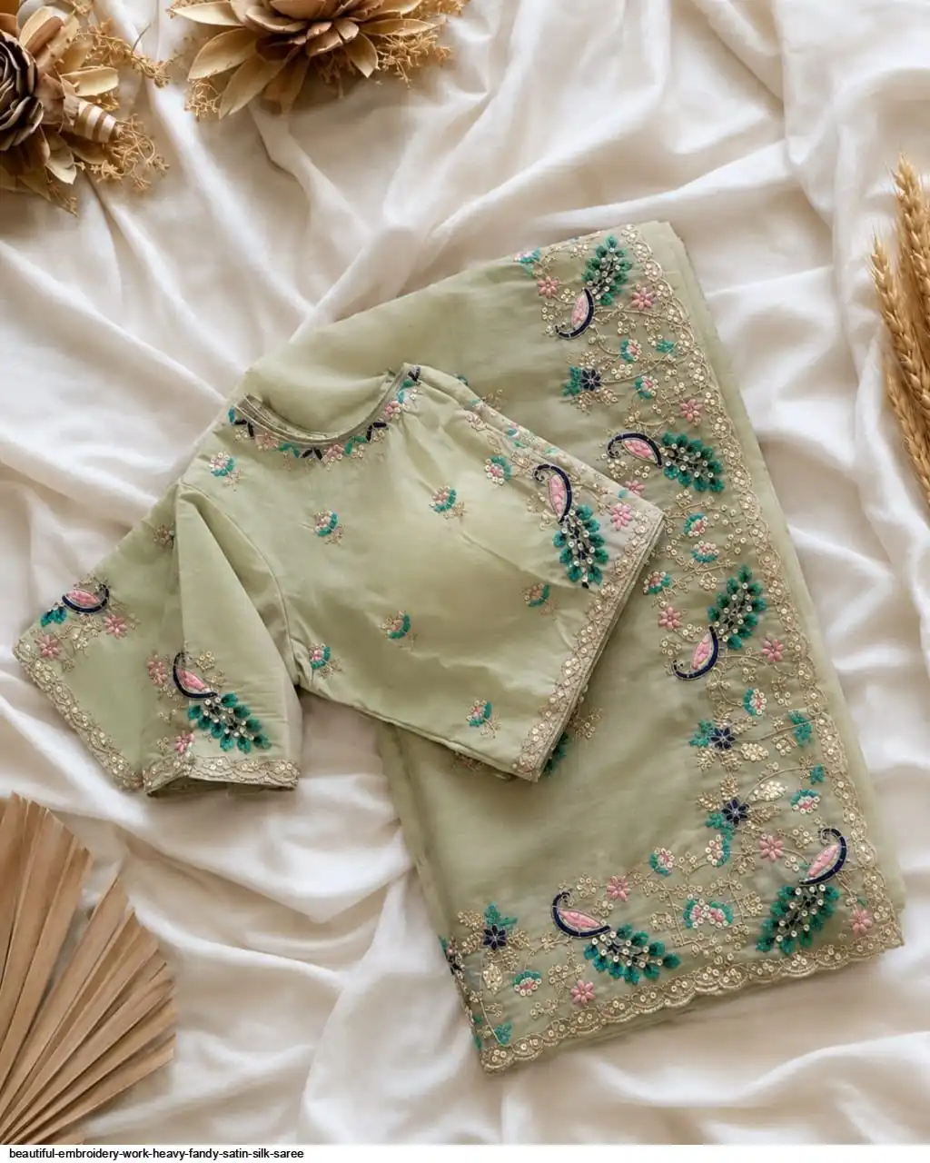 BEAUTIFUL EMBROIDERY WORK HEAVY FANDY SATIN SILK SAREE 1
