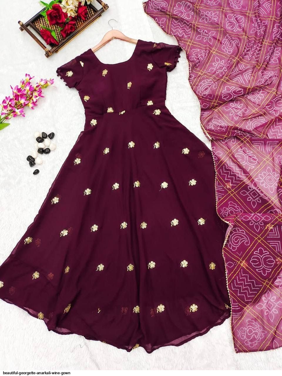 Embroidered Lovely Wine Georgette Wedding Anarkali Suit