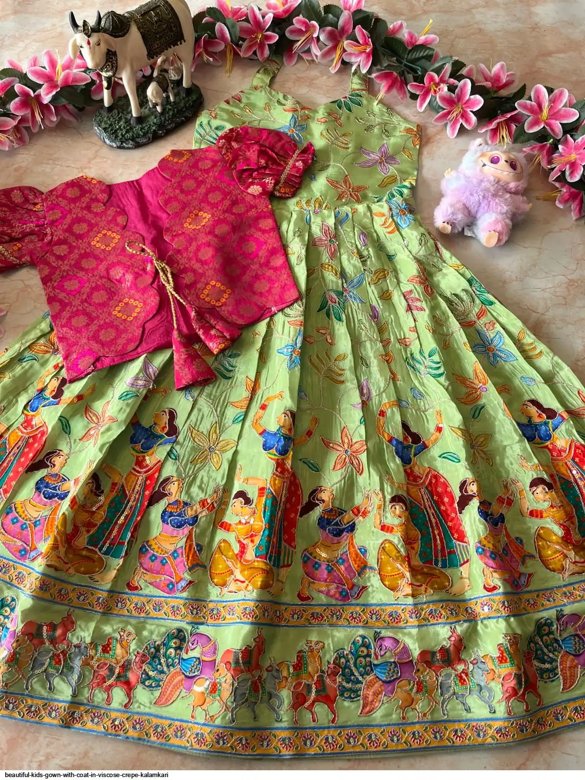 BEAUTIFUL KIDS GOWN WITH COAT IN VISCOSE CREPE KALAMKARI A