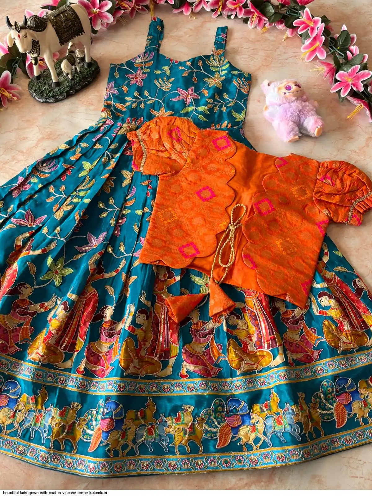 BEAUTIFUL KIDS GOWN WITH COAT IN VISCOSE CREPE KALAMKARI C