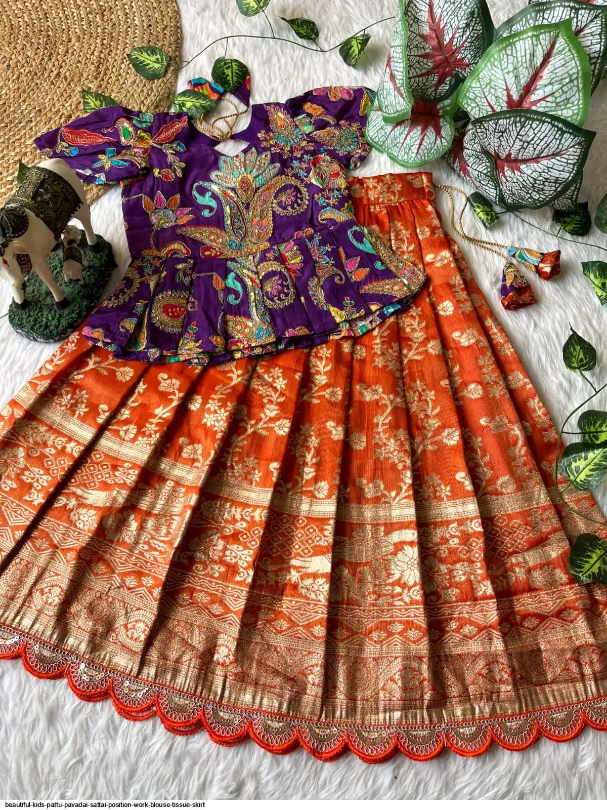 BEAUTIFUL KIDS PATTU PAVADAI SATTAI POSITION WORK BLOUSE TISSUE SKIRT 1
