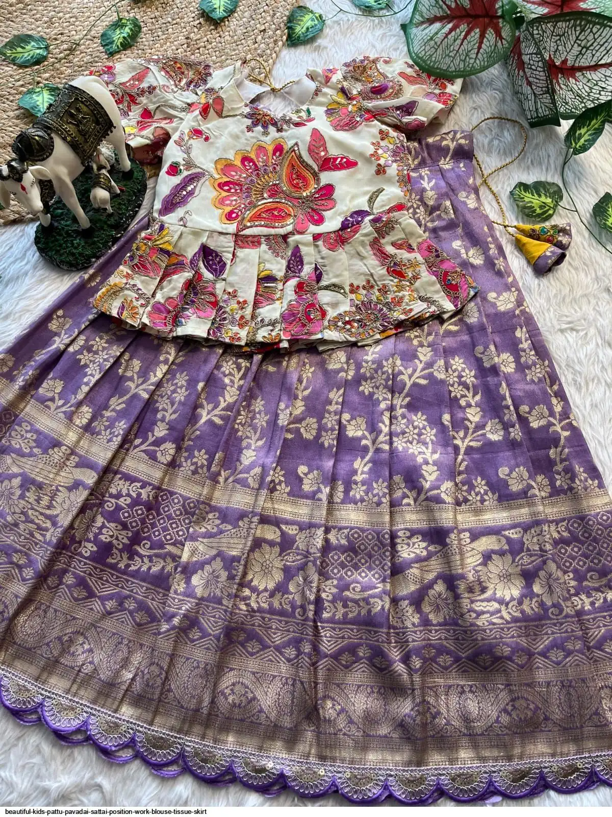 BEAUTIFUL KIDS PATTU PAVADAI SATTAI POSITION WORK BLOUSE TISSUE SKIRT 4