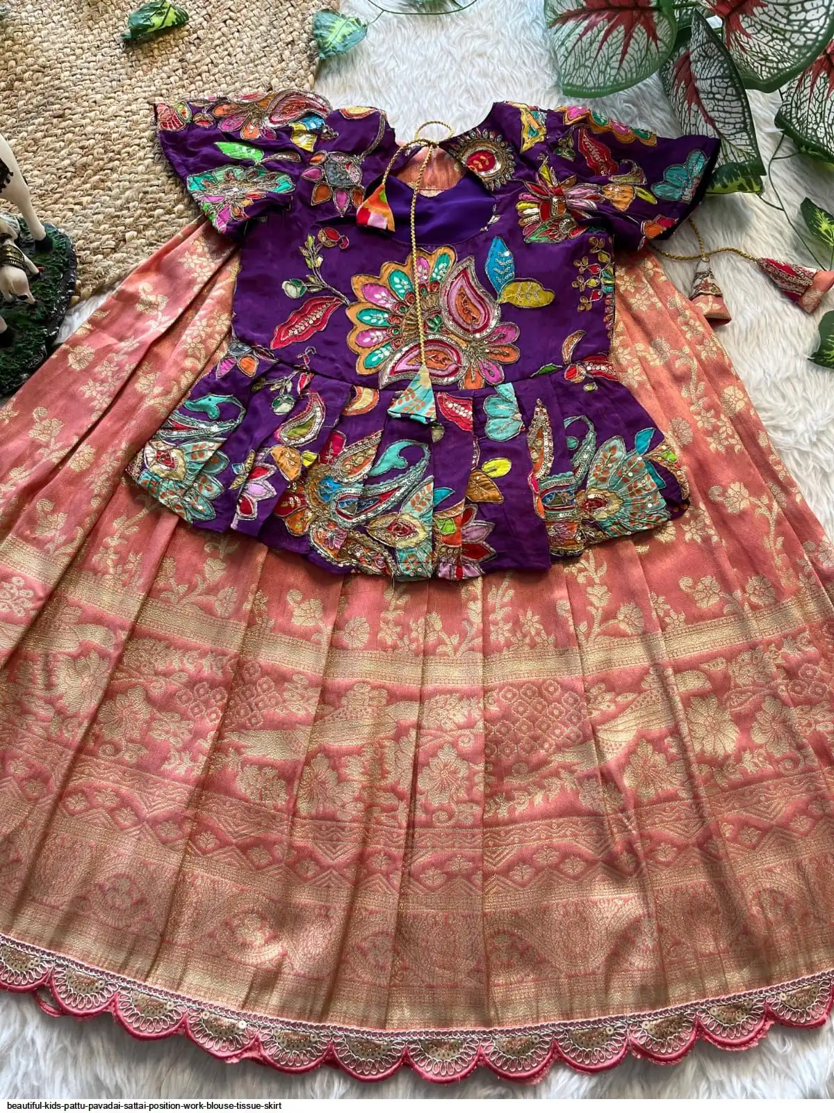 BEAUTIFUL KIDS PATTU PAVADAI SATTAI POSITION WORK BLOUSE TISSUE SKIRT 2