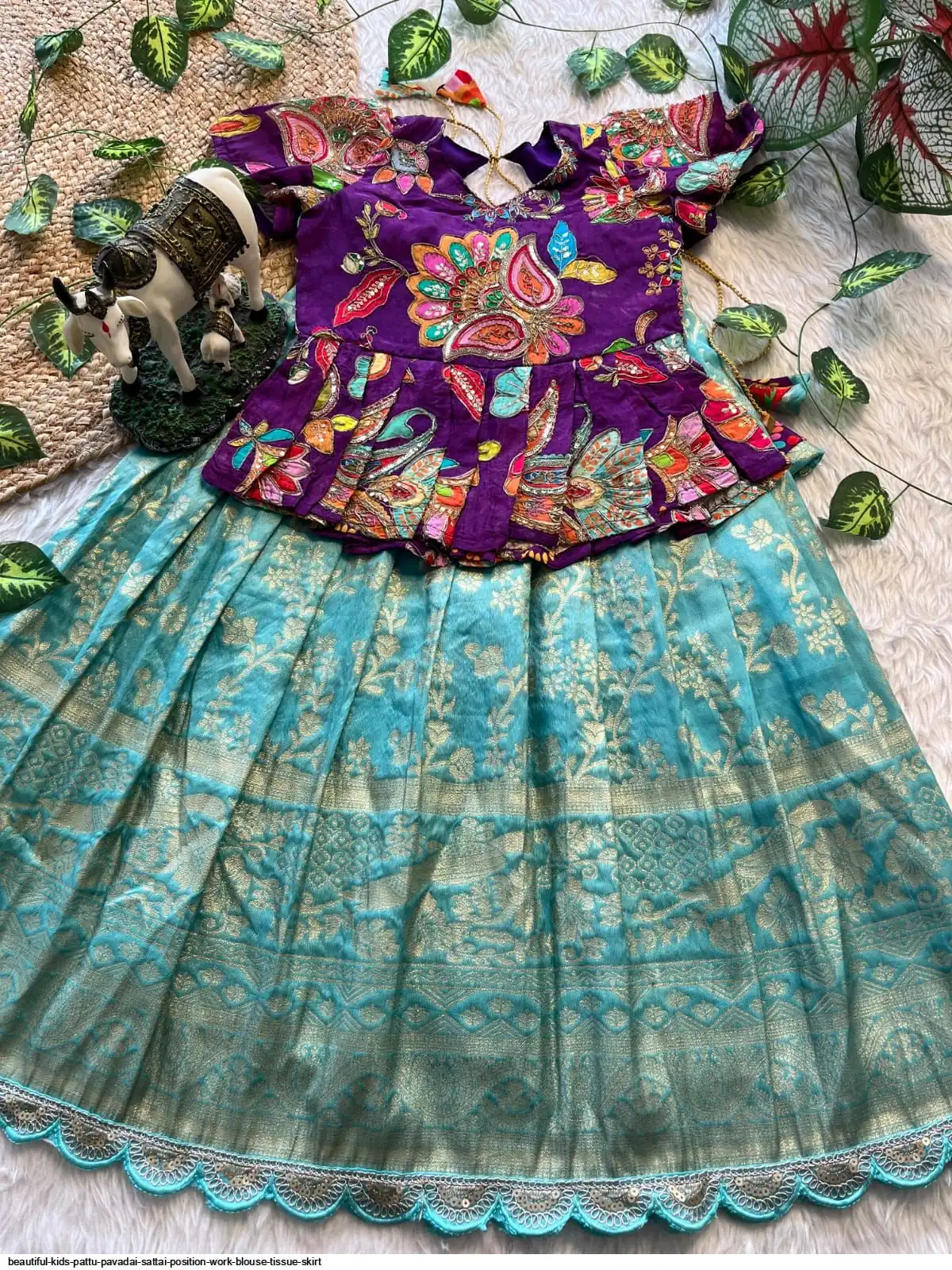 BEAUTIFUL KIDS PATTU PAVADAI SATTAI POSITION WORK BLOUSE TISSUE SKIRT 3