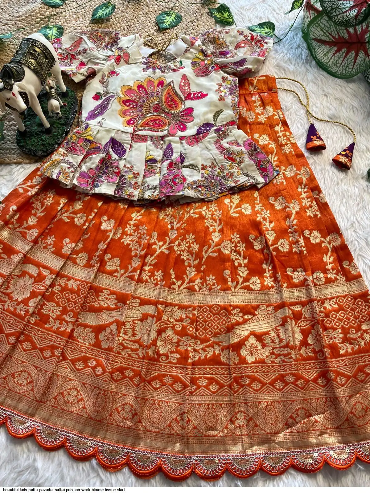 BEAUTIFUL KIDS PATTU PAVADAI SATTAI POSITION WORK BLOUSE TISSUE SKIRT 5