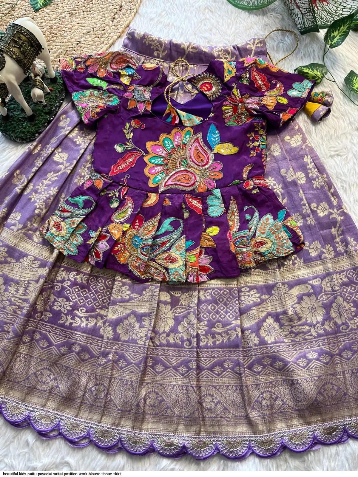 BEAUTIFUL KIDS PATTU PAVADAI SATTAI POSITION WORK BLOUSE TISSUE SKIRT 6