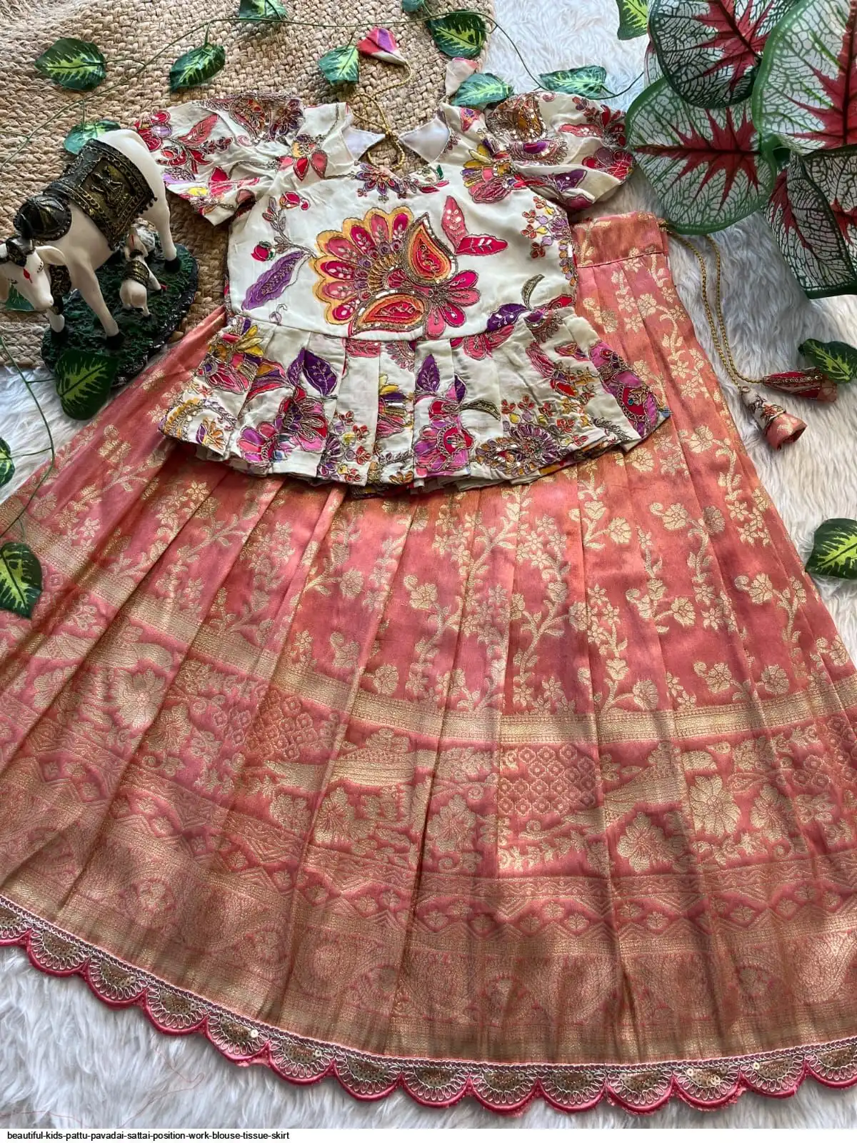 BEAUTIFUL KIDS PATTU PAVADAI SATTAI POSITION WORK BLOUSE TISSUE SKIRT 7