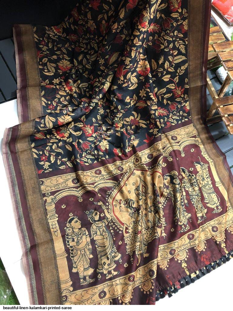 Soft linen Kalamkari budget sarees