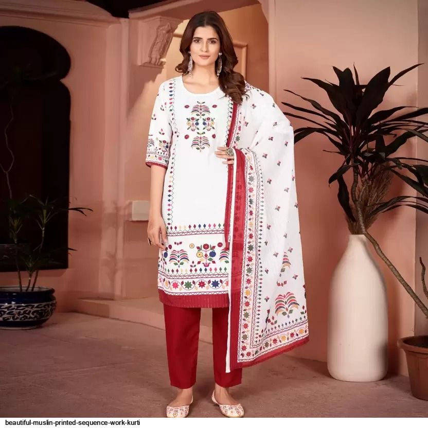 BEAUTIFUL MUSLIN PRINTED SEQUENCE WORK KURTI B