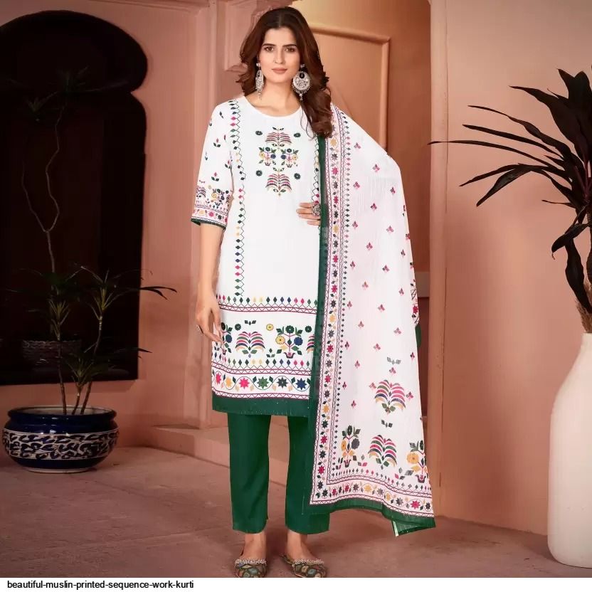 BEAUTIFUL MUSLIN PRINTED SEQUENCE WORK KURTI D