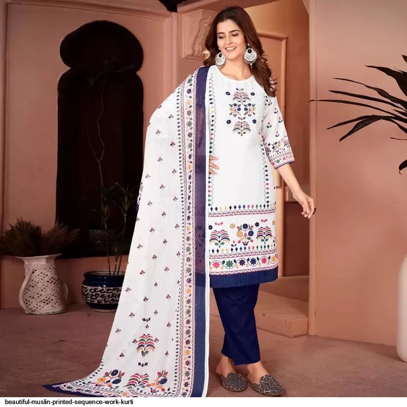 BEAUTIFUL MUSLIN PRINTED SEQUENCE WORK KURTI C