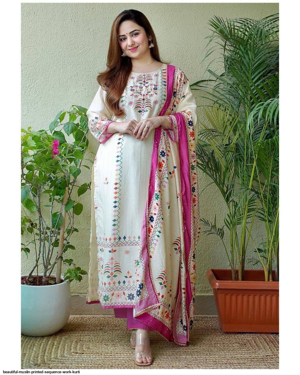 BEAUTIFUL MUSLIN PRINTED SEQUENCE WORK KURTI A