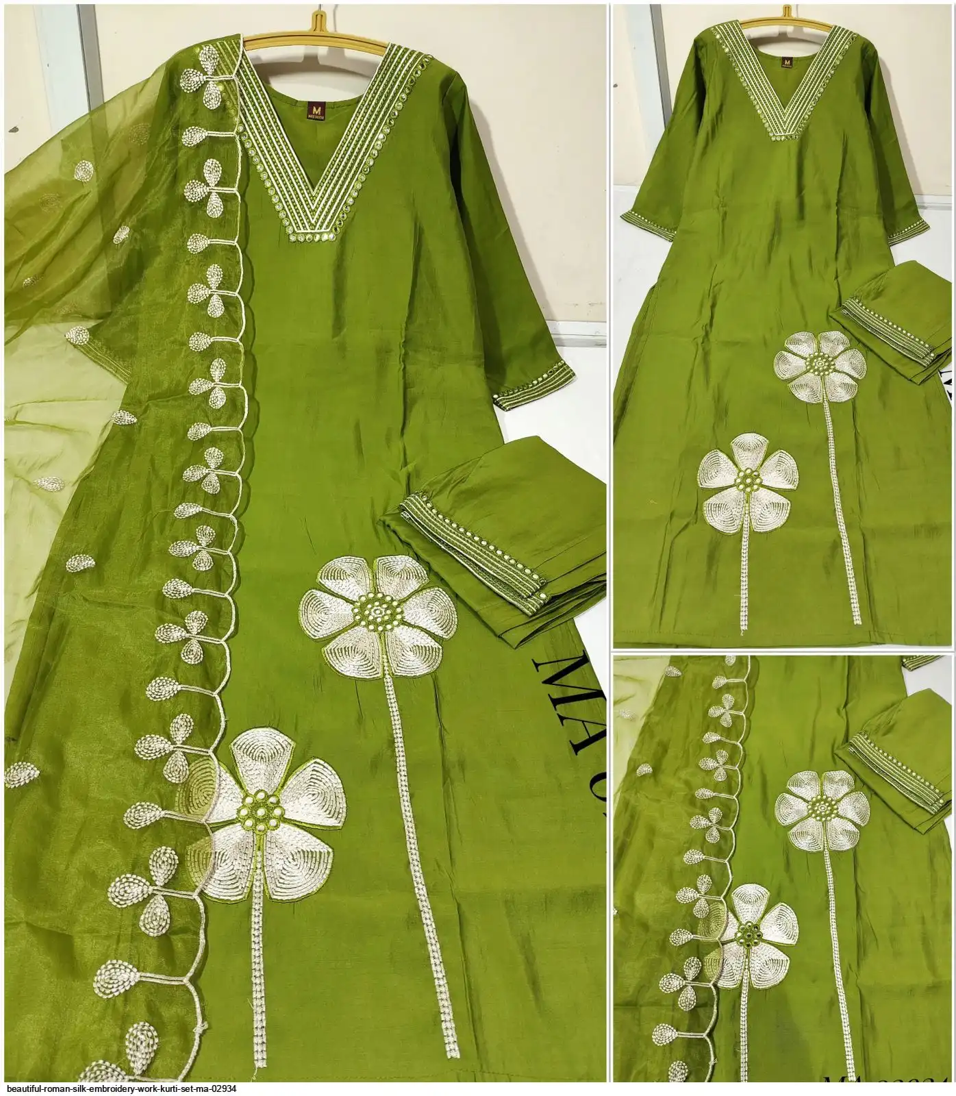 YELLOW ROMAN SILK WITH HAND WORK KURTI