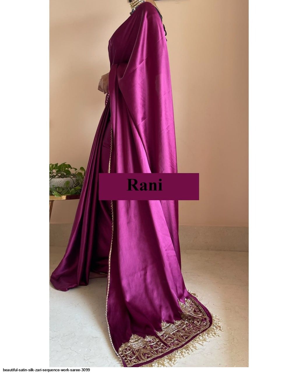 Plain Satin Silk Saree With Velvet Sequence Work Blouse - OFFER