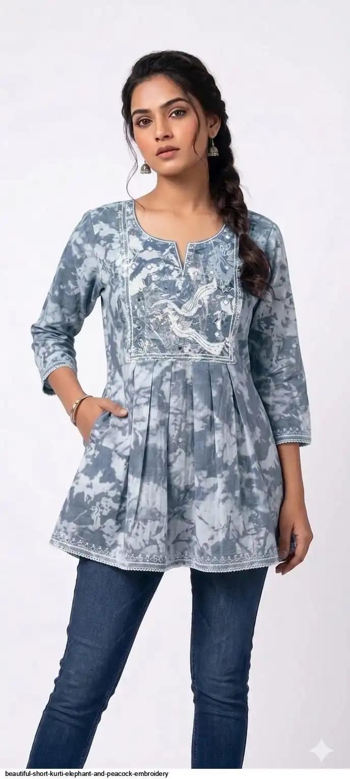 BEAUTIFUL SHORT KURTI ELEPHANT AND PEACOCK EMBROIDERY H