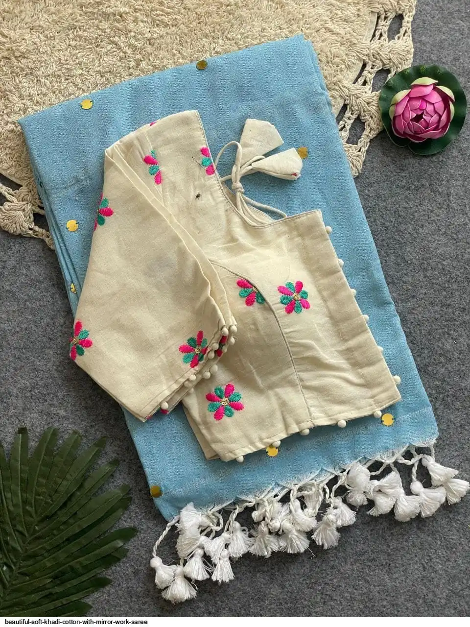 BEAUTIFUL SOFT KHADI COTTON WITH MIRROR WORK SAREE 8