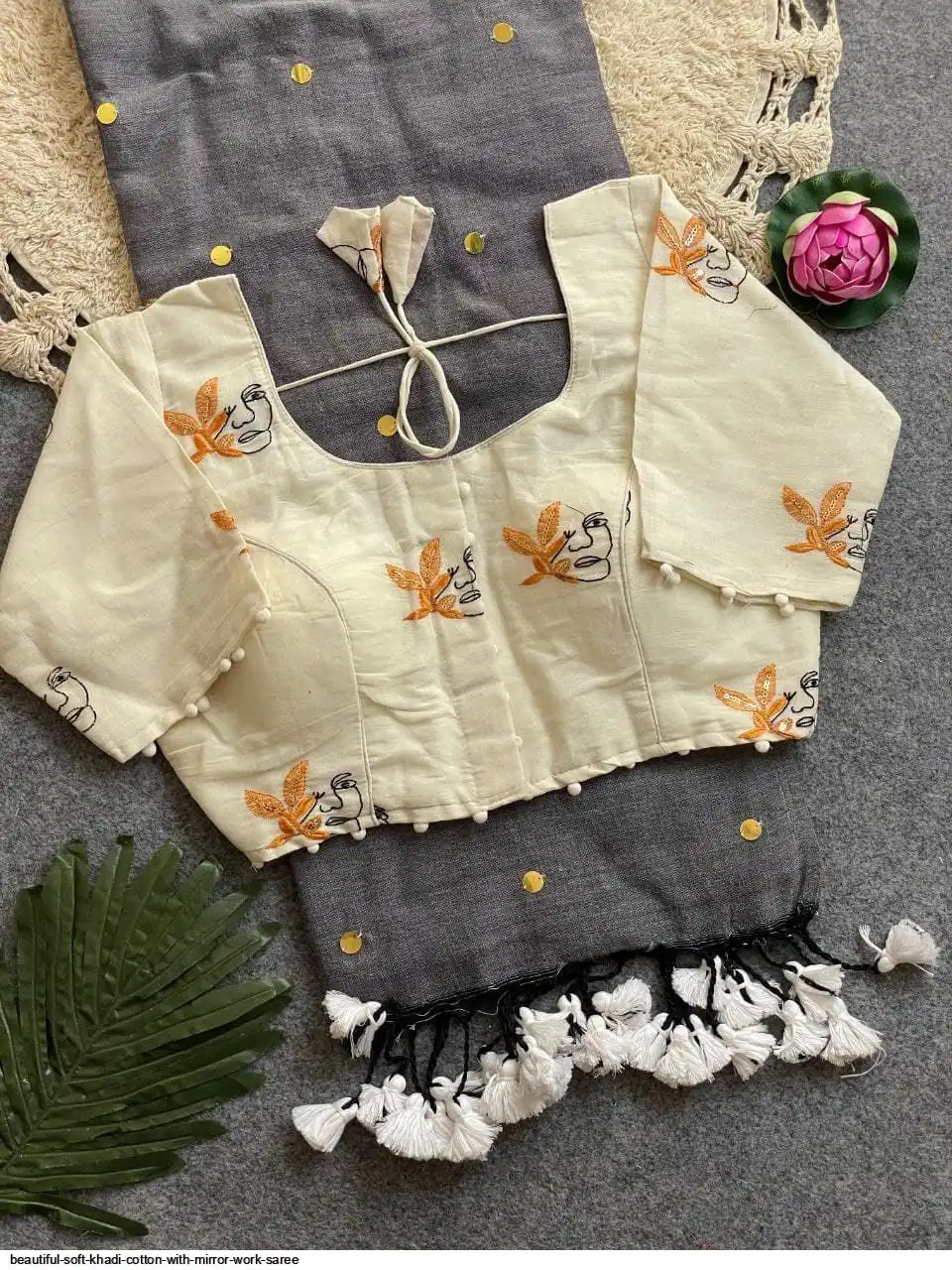 BEAUTIFUL SOFT KHADI COTTON WITH MIRROR WORK SAREE 6