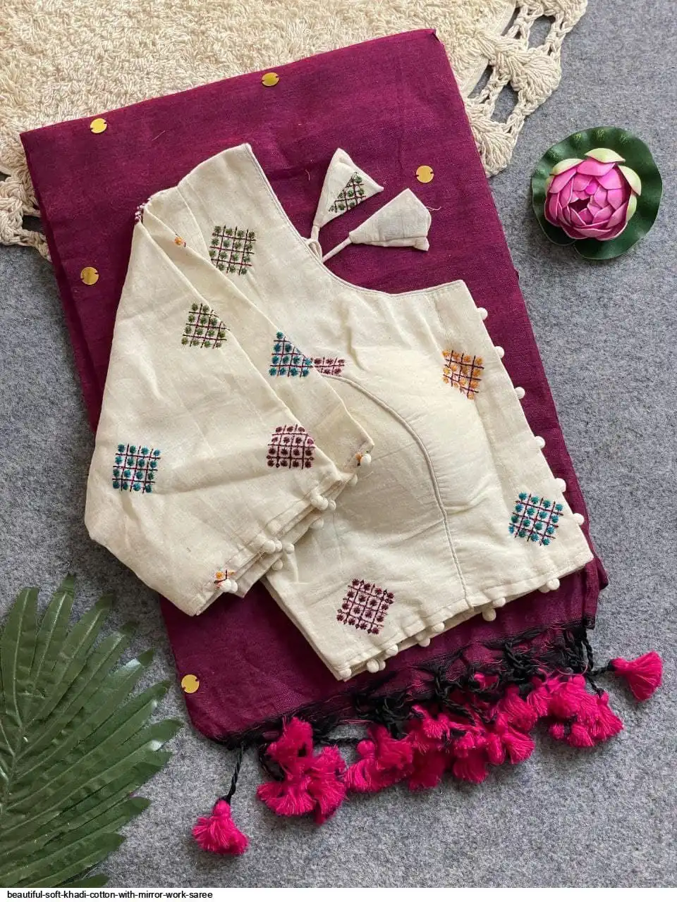BEAUTIFUL SOFT KHADI COTTON WITH MIRROR WORK SAREE 12