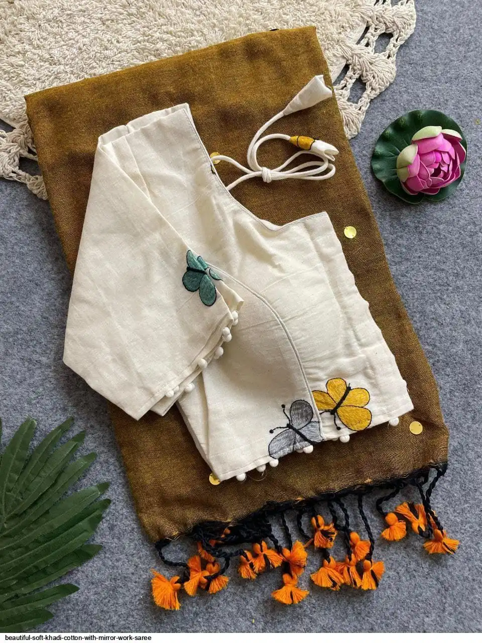 BEAUTIFUL SOFT KHADI COTTON WITH MIRROR WORK SAREE 14