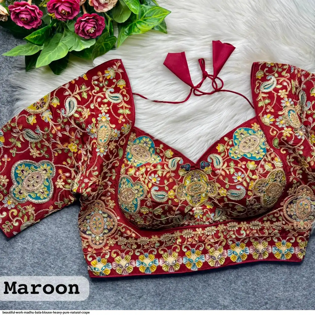 BEAUTIFUL WORK MADHU BALA BLOUSE HEAVY PURE NATURAL CRAPE 2
