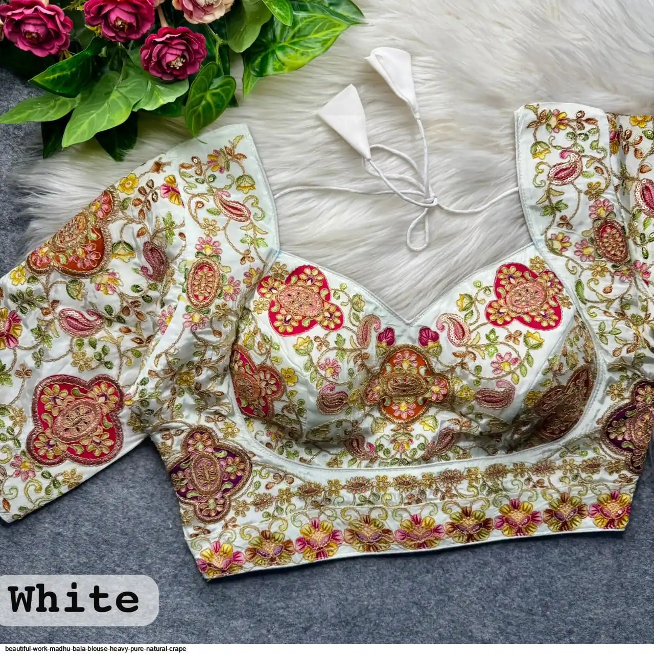 BEAUTIFUL WORK MADHU BALA BLOUSE HEAVY PURE NATURAL CRAPE 3