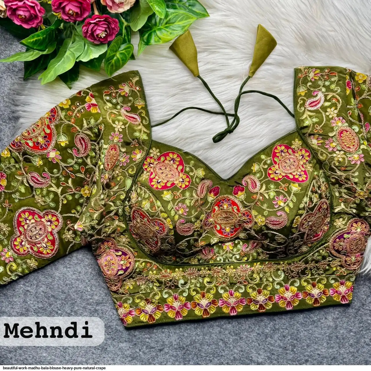 BEAUTIFUL WORK MADHU BALA BLOUSE HEAVY PURE NATURAL CRAPE 5