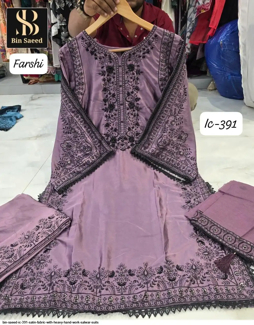 BIN SAEED IC 391 SATIN FABRIC WITH HEAVY HAND WORK SALWAR SUITS 2