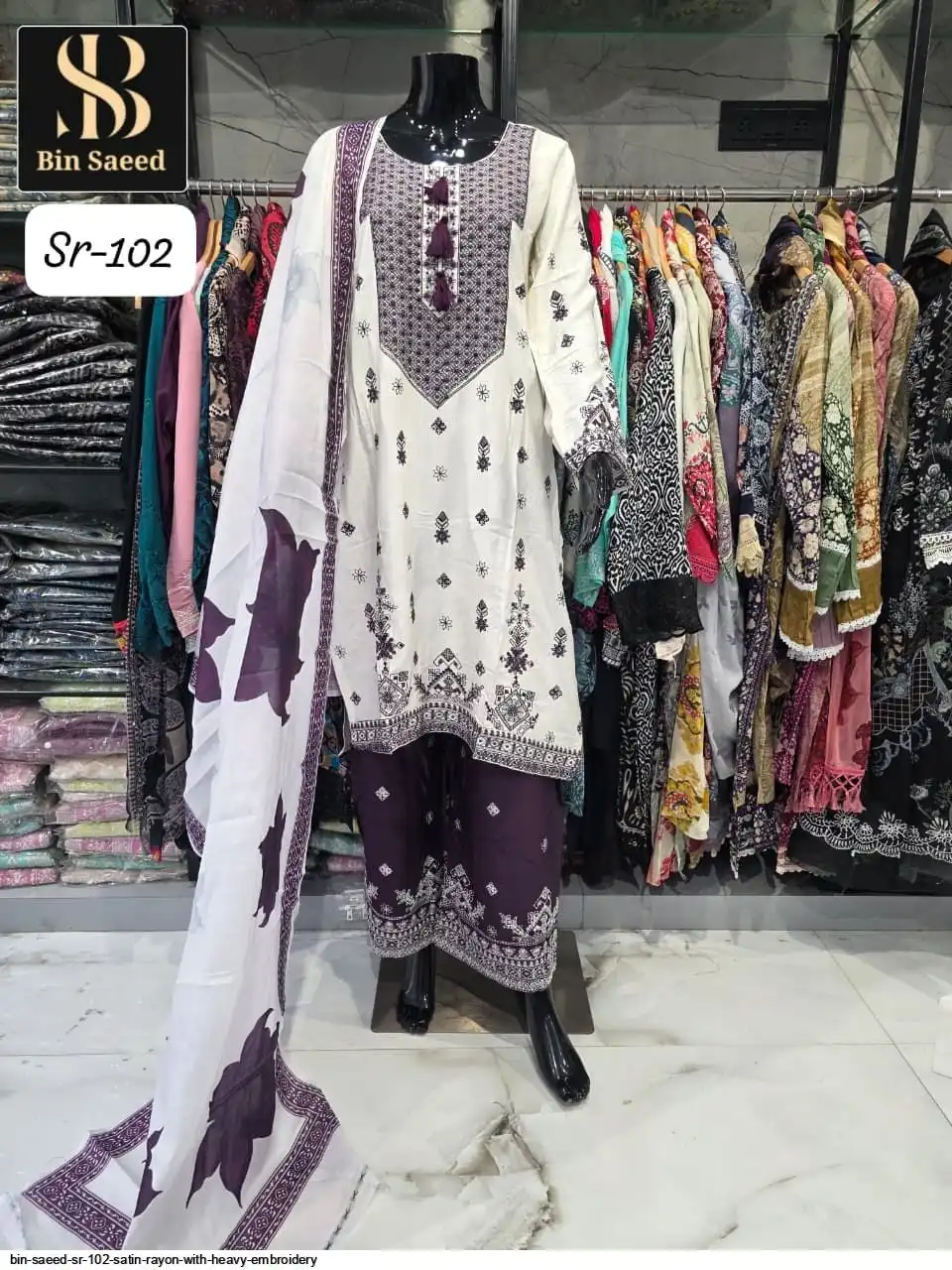 BIN SAEED SR 102 SATIN RAYON WITH HEAVY EMBROIDERY A