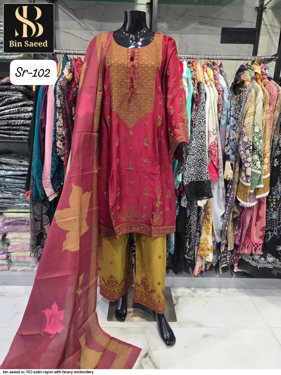 BIN SAEED SR 102 SATIN RAYON WITH HEAVY EMBROIDERY C