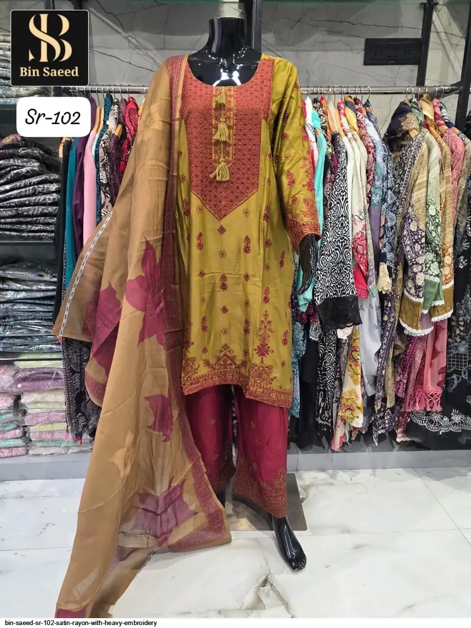 BIN SAEED SR 102 SATIN RAYON WITH HEAVY EMBROIDERY D