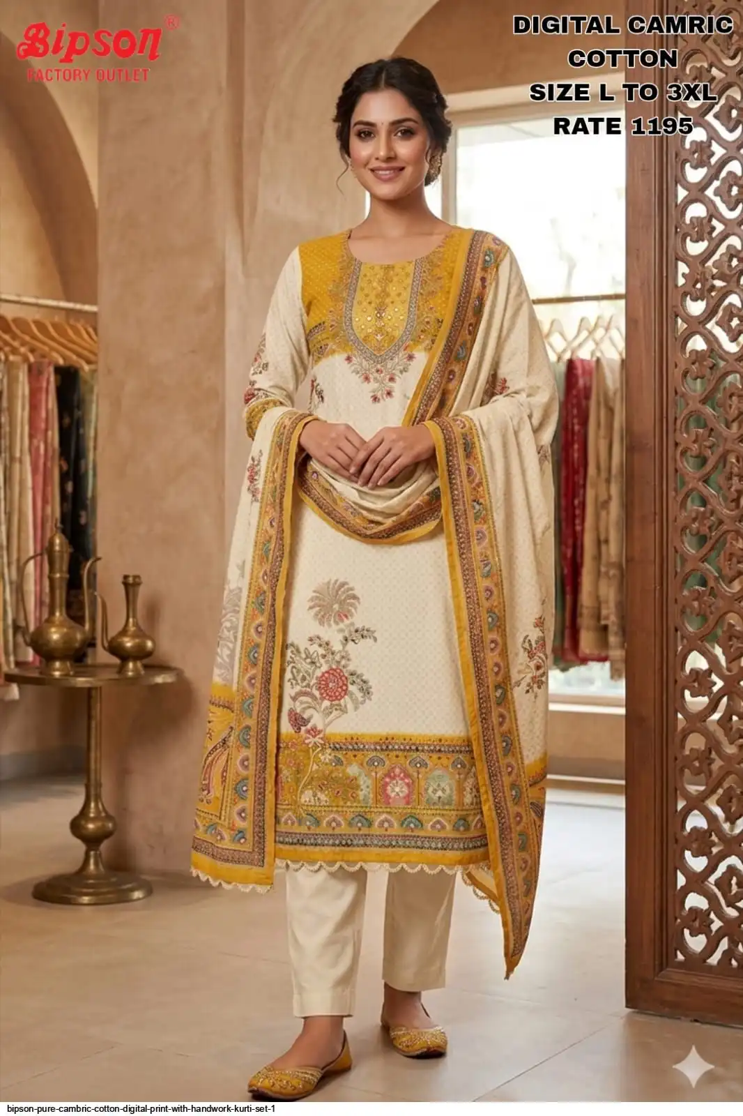 BIPSON PURE CAMBRIC COTTON DIGITAL PRINT WITH HANDWORK KURTI SET 1 A