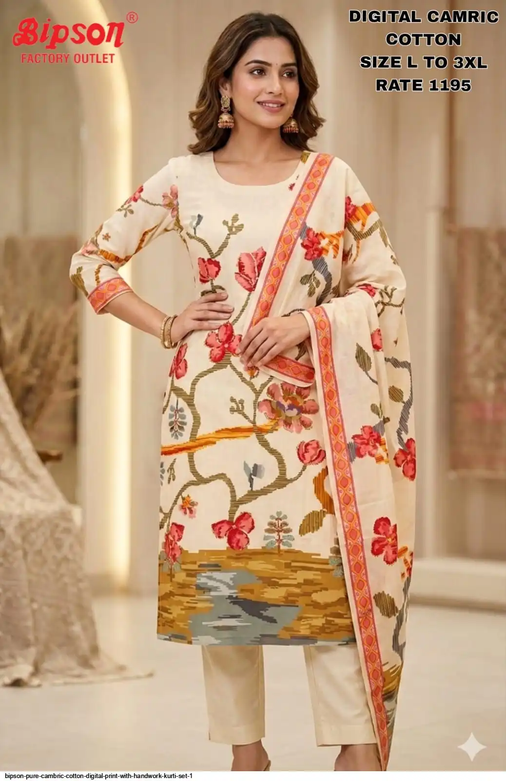 BIPSON PURE CAMBRIC COTTON DIGITAL PRINT WITH HANDWORK KURTI SET 1 C