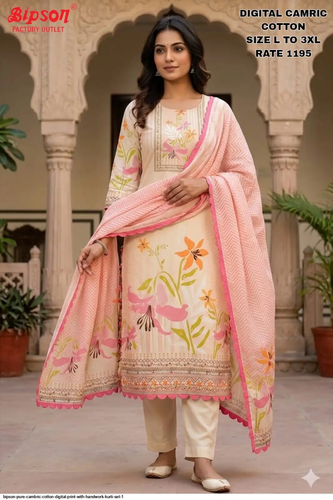 BIPSON PURE CAMBRIC COTTON DIGITAL PRINT WITH HANDWORK KURTI SET 1 D
