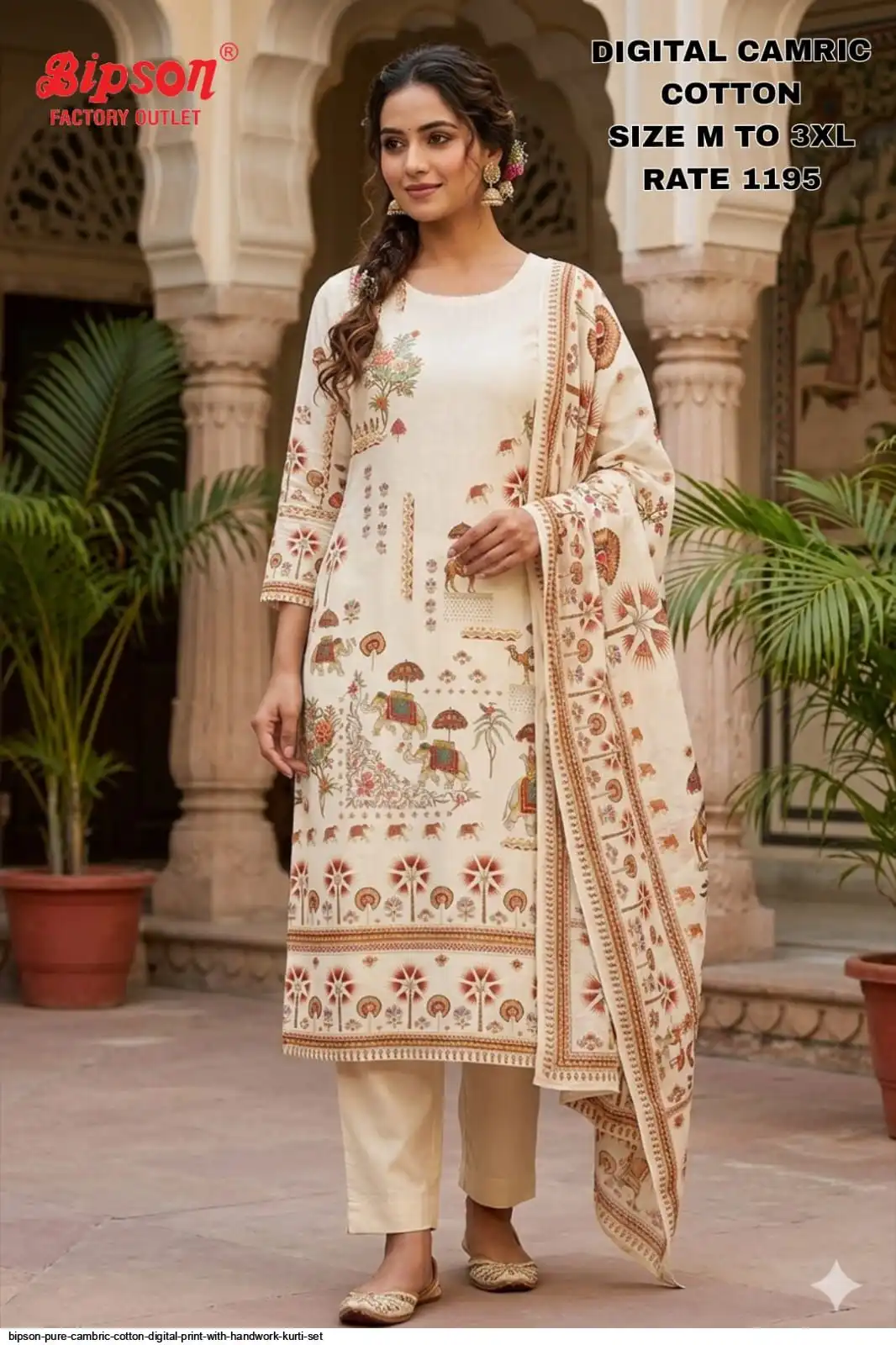 BIPSON PURE CAMBRIC COTTON DIGITAL PRINT WITH HANDWORK KURTI SET D