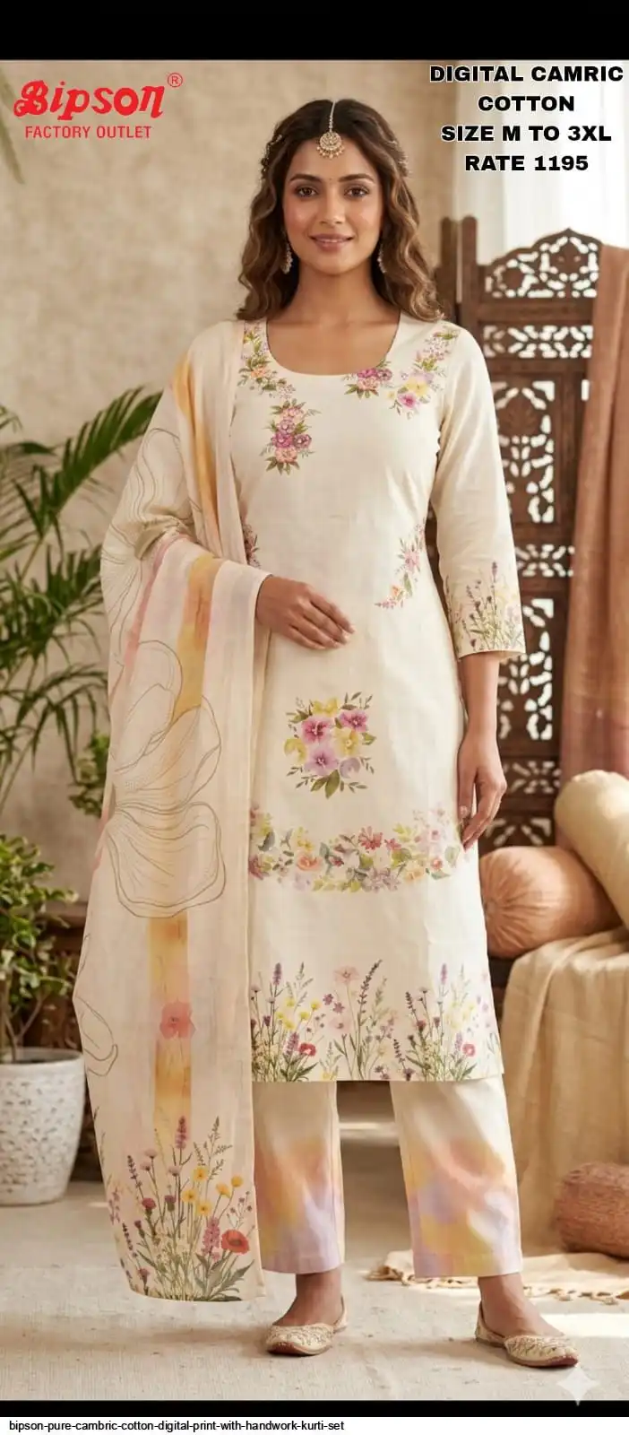 BIPSON PURE CAMBRIC COTTON DIGITAL PRINT WITH HANDWORK KURTI SET C