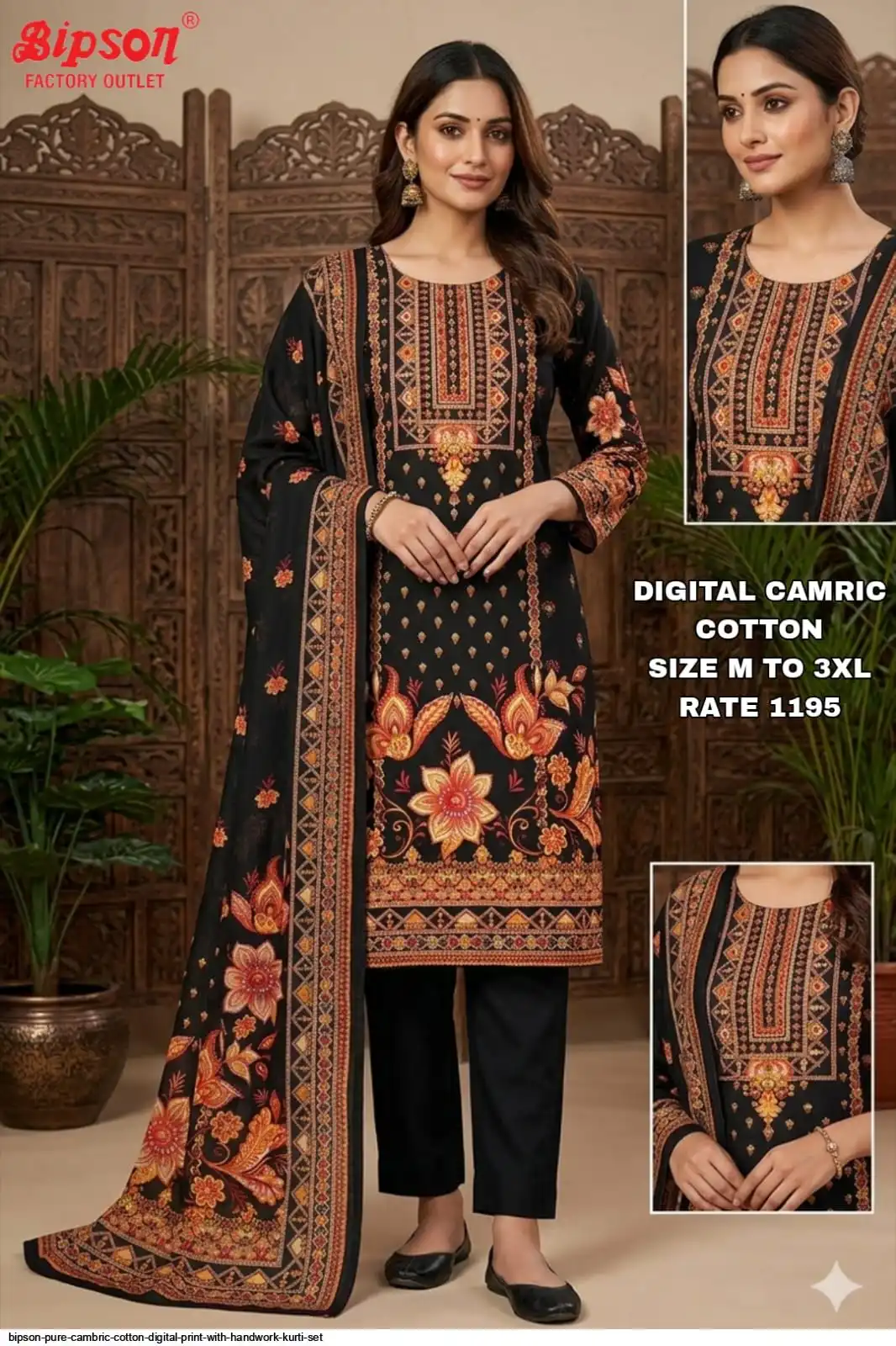 BIPSON PURE CAMBRIC COTTON DIGITAL PRINT WITH HANDWORK KURTI SET F