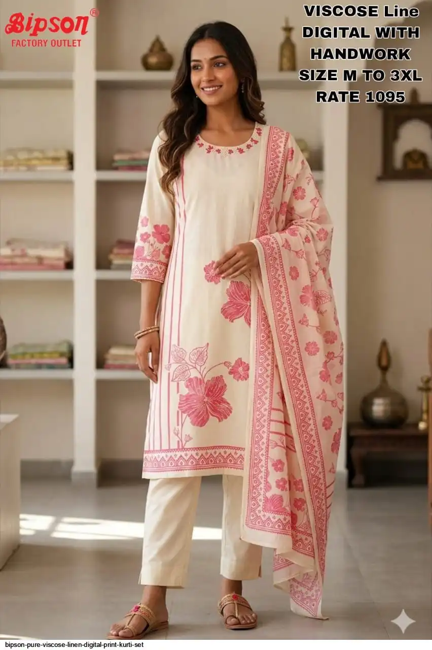 BIPSON PURE VISCOSE LINEN DIGITAL PRINT KURTI SET C