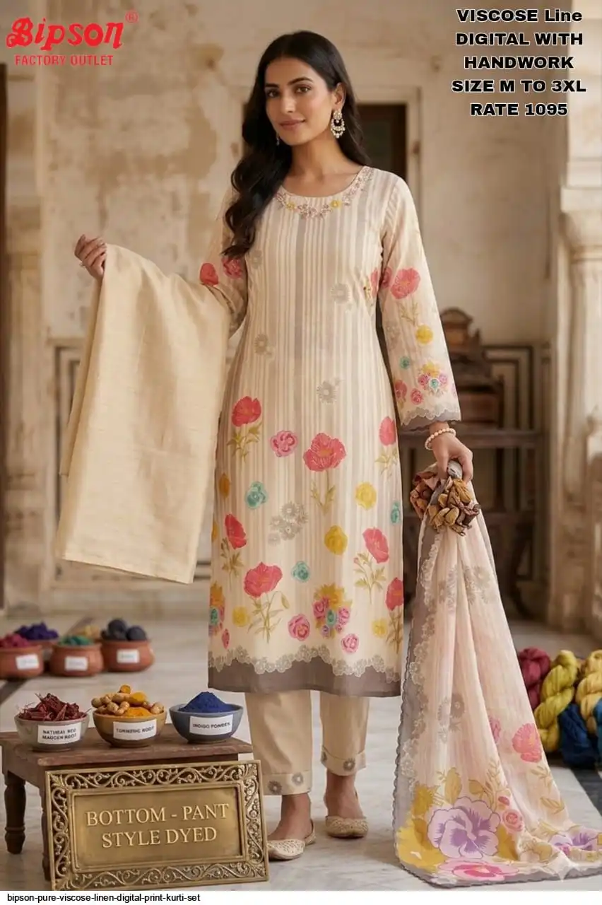 BIPSON PURE VISCOSE LINEN DIGITAL PRINT KURTI SET D