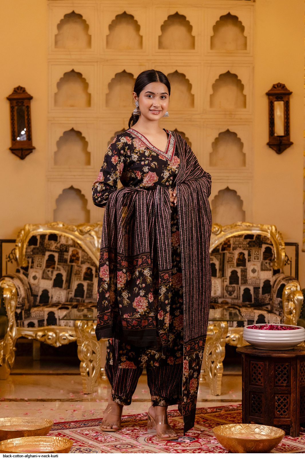 BLACK COTTON AFGHANI V NECK KURTI